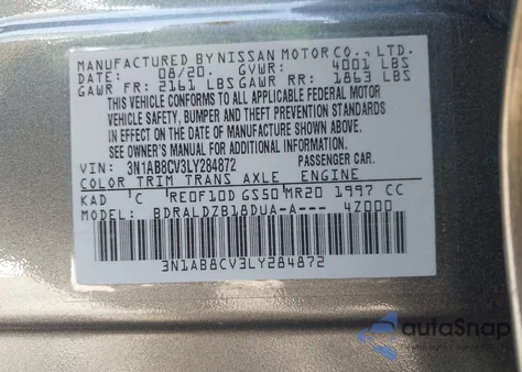 2020 Nissan Sentra Sv Xtronic Cvt z USA, uszkodzony, nr VIN 3N1AB8CV3LY284872